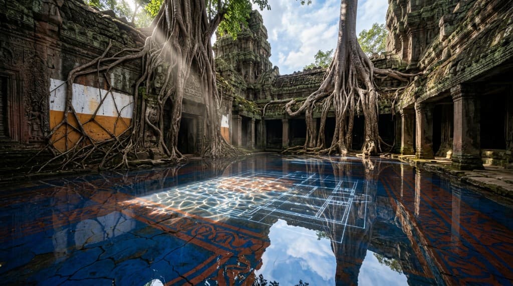 Ancient Khmer courtyard flooded with still water, open sky reflected — stillness and depth