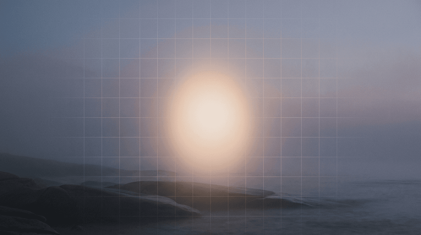 Abstract study: inward calm glow and faint grid in twilight mist.