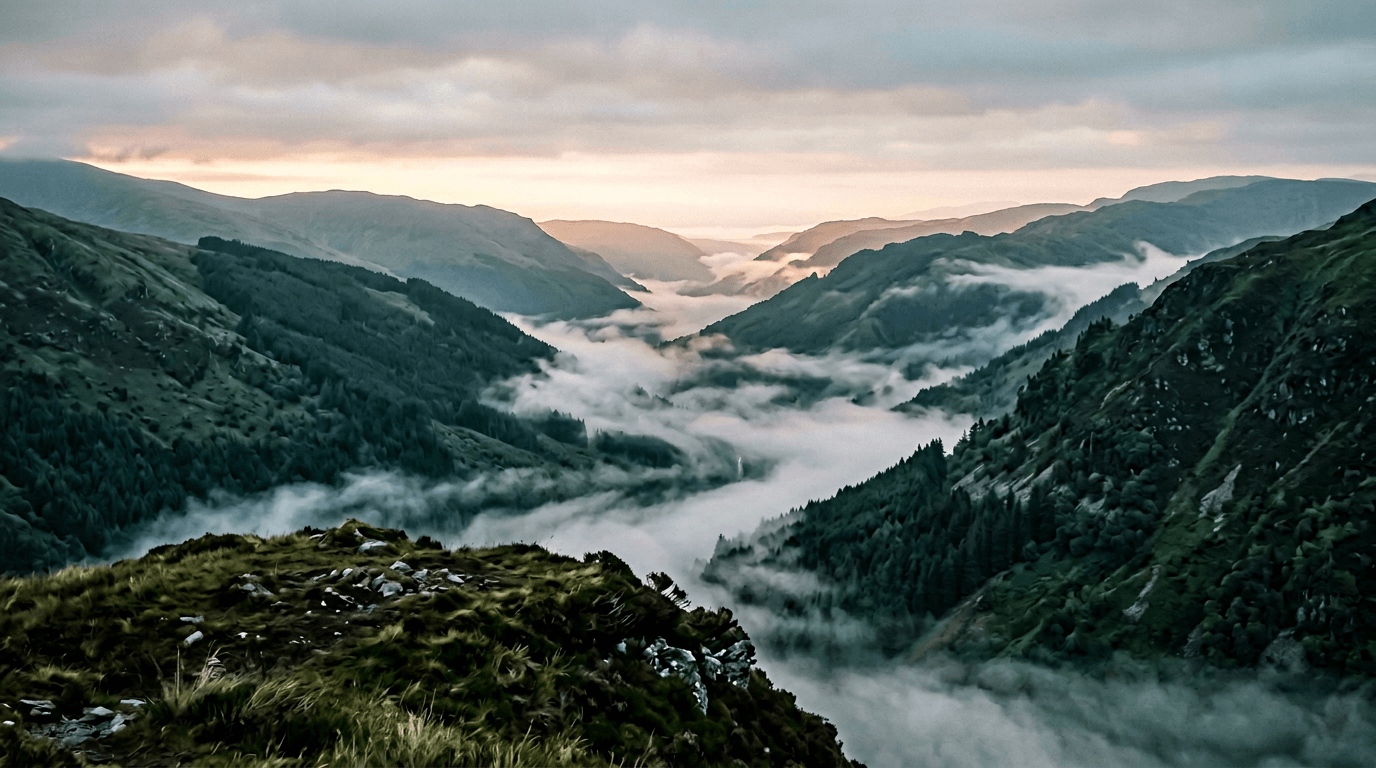 Fog-filled valley with layered hills barely visible—soft tonal study.
