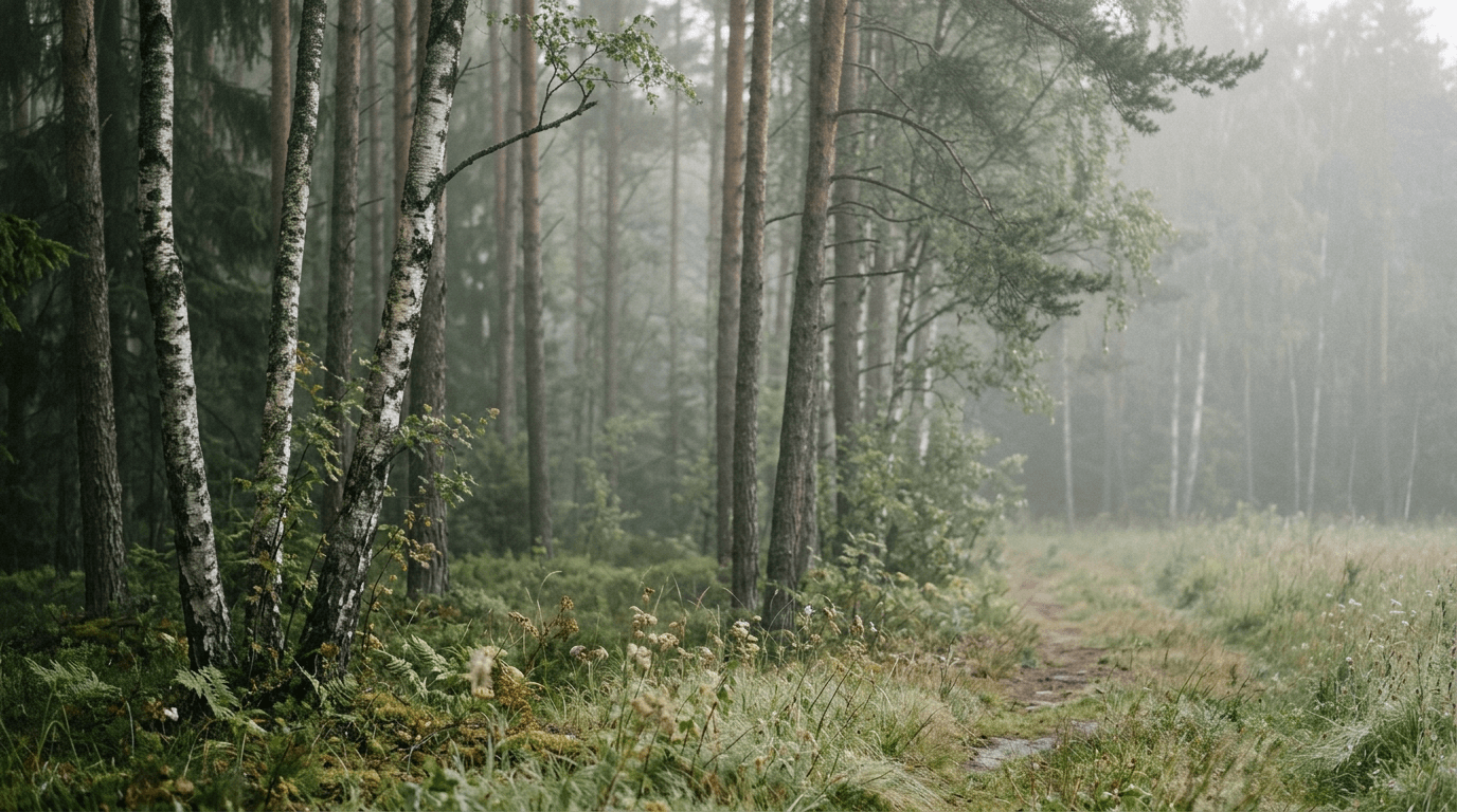 Forest scene with soft fog between trees—layered depth study.