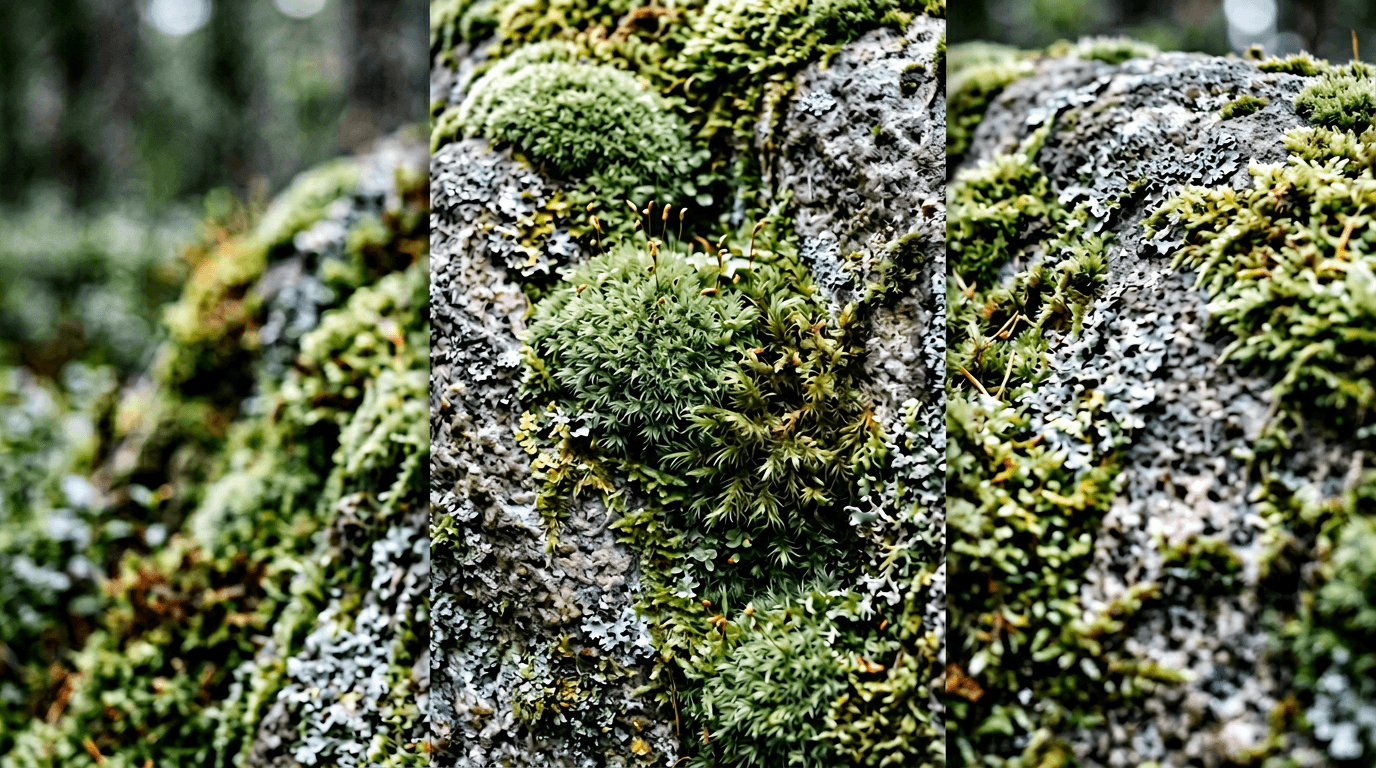 Moss on stone in soft diffused light—macro botanical calm study.