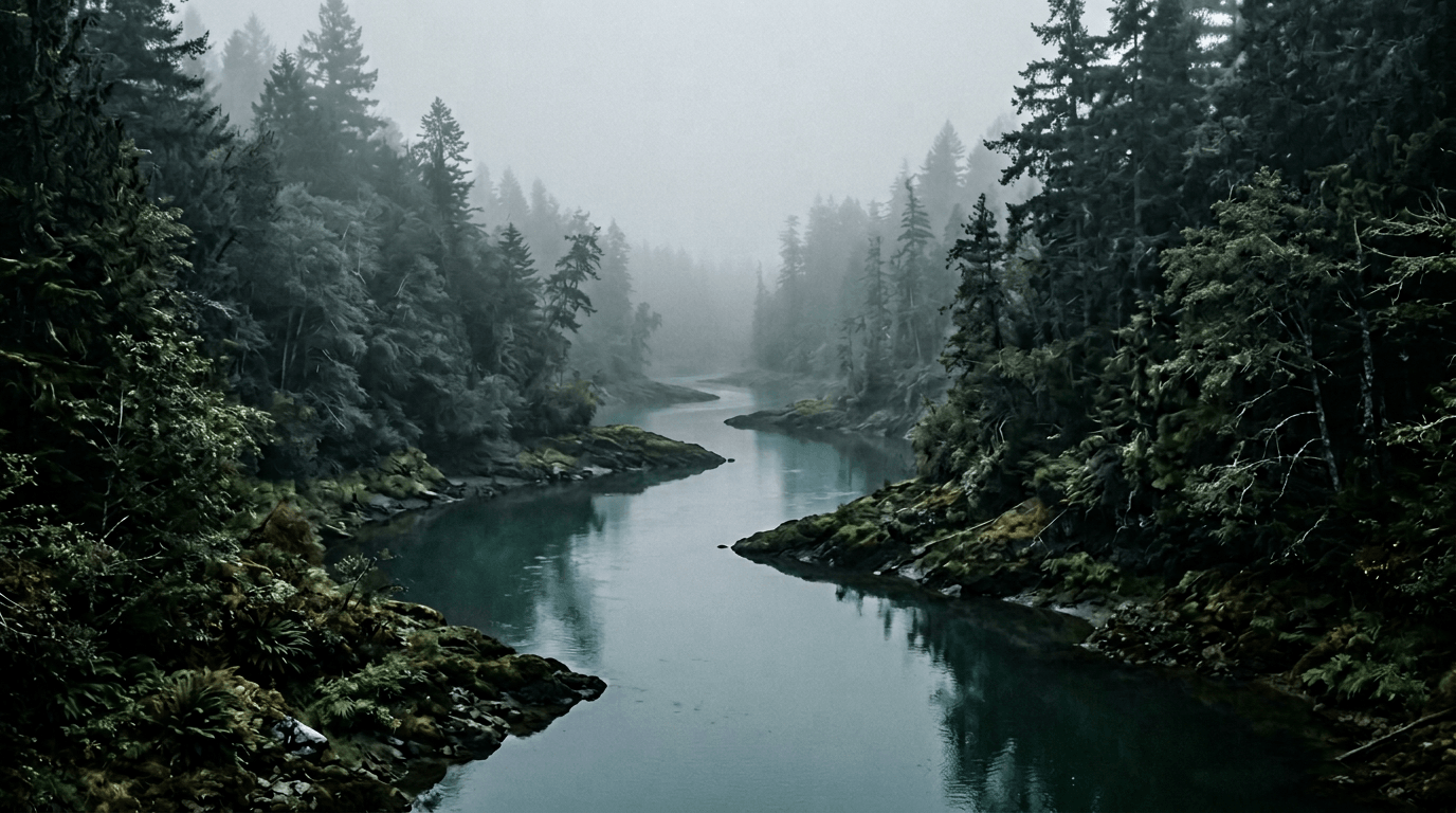 River winding through fog with cool desaturated tones—serene water study.