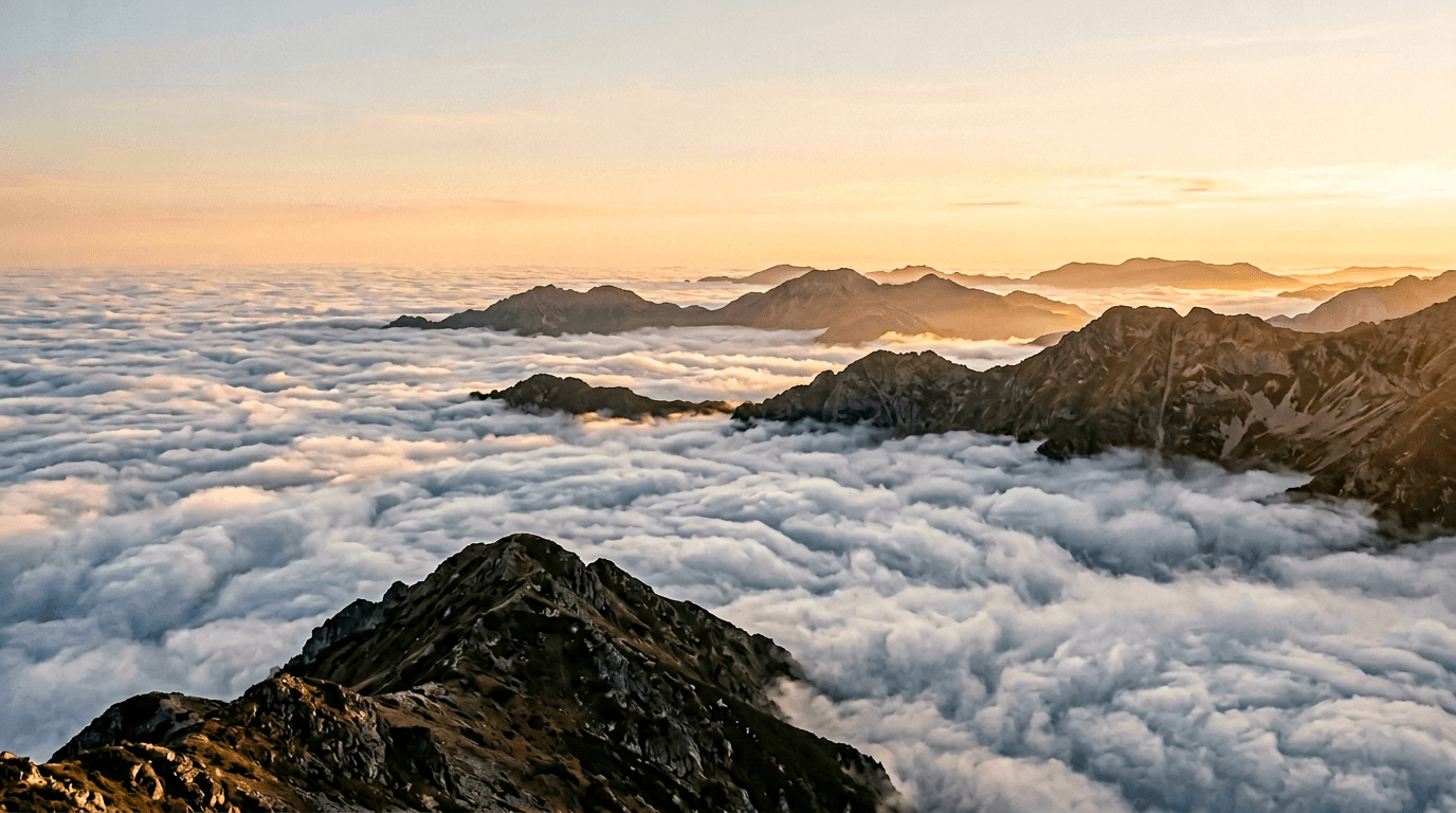 Mountain peaks rising above a layer of clouds at warm light—airy editorial study.