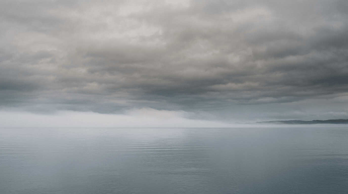 Fog band over calm water with a far dark shoreline—atmospheric distance study.