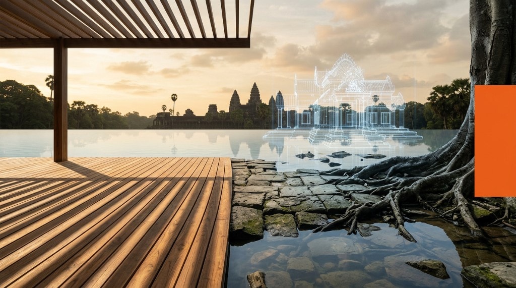 Teak deck seamlessly transitioning into Angkor stone at the water's edge — craft meets permanence
